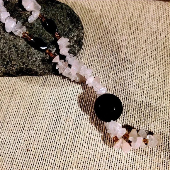 Gunmetal Hematite and Rose Quartz Gemstone and Glass Beads Necklace - Picture 1 of 5